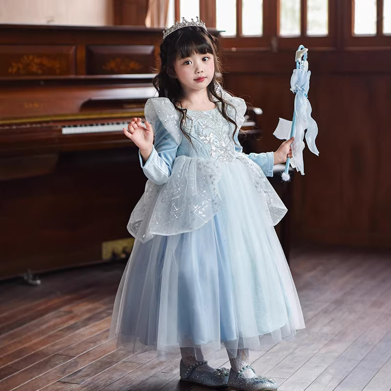 Girls' Elsa Princess Dress Spring 2026 Baby Girl Puffy Gauze Dress Little Girl Birthday Dress Long Sleeve Dress