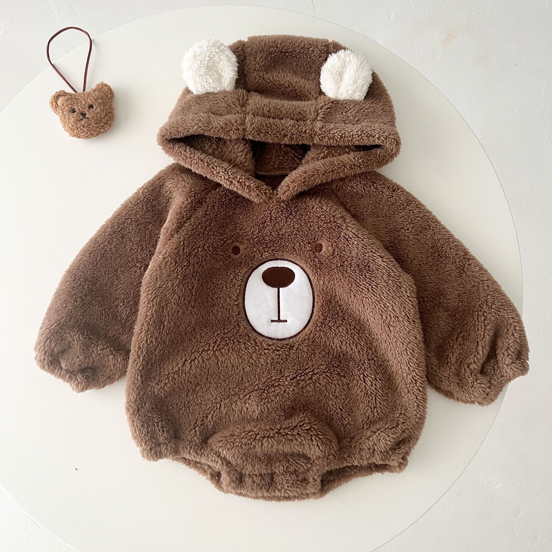 INS ropa de bebé Otoño e Invierno lindo oso con capucha bebé mameluco forrado de lana cálida funda de terciopelo de doble cara