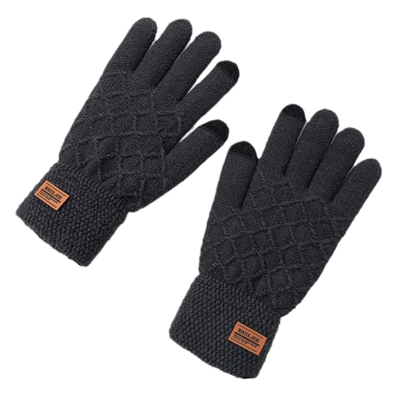 Guantes para hombre, estudiante de talla grande, pantalla táctil cálida en otoño e invierno, protección contra el frío más guantes de lana de punto de lana de terciopelo de cinco dedos