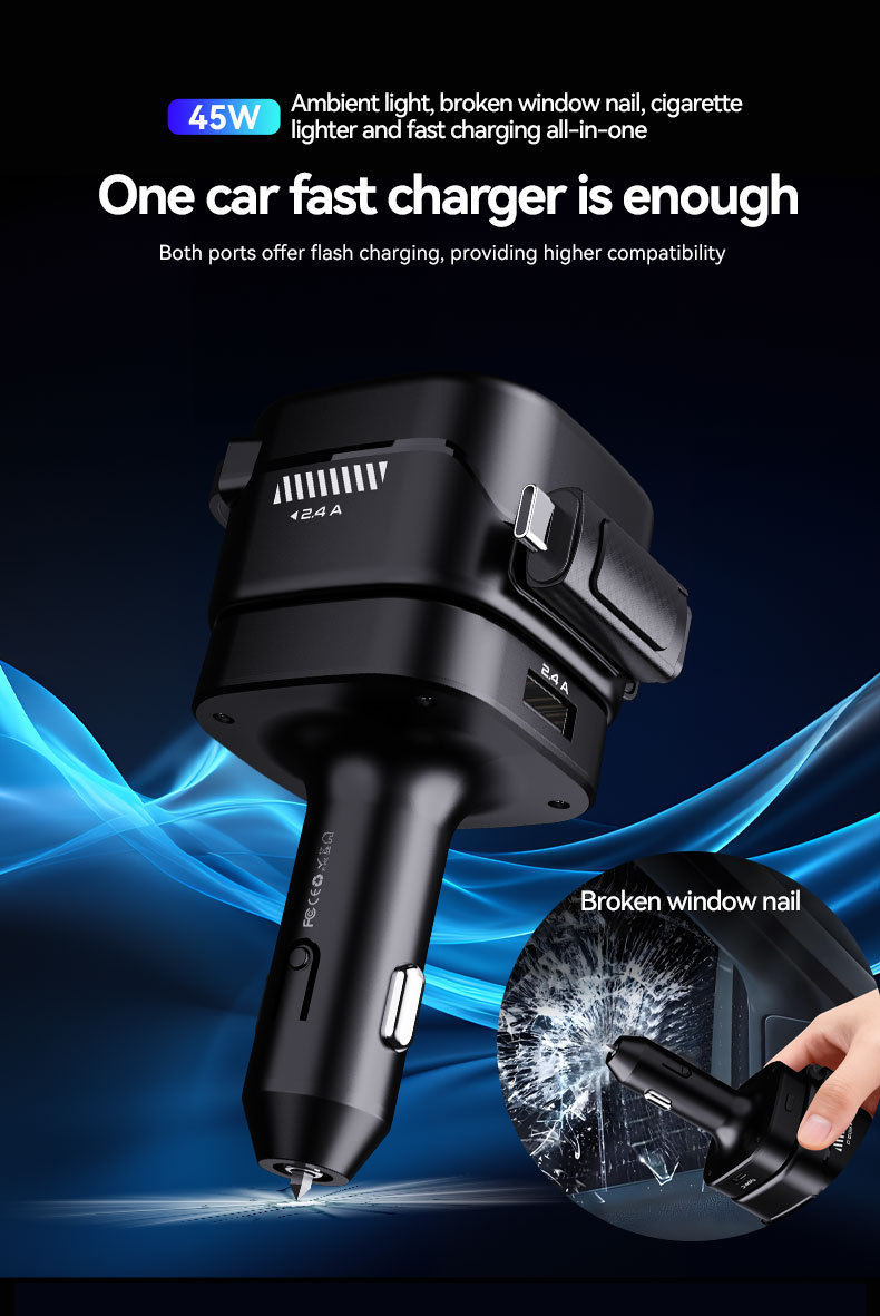 Cross-border new model car charger with ambient lighting, featuring a retractable cable, cigarette lighter socket, and window-breaking hammer – a four-in-one fast-charging car accessory
