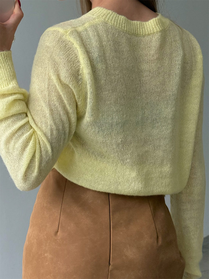 Áo cardigan len nữ dệt kim mỏng cổ tròn dáng rộng phối nút — Vàng nhạt, màu hồng, màu nâu, trắng