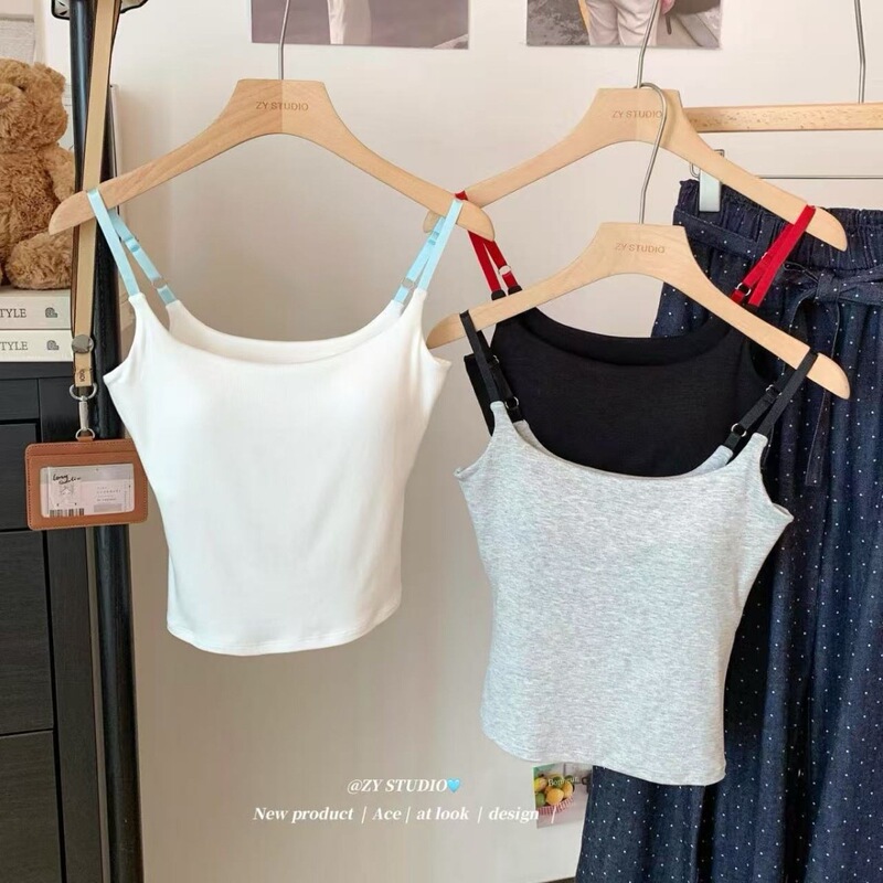 Trendy color-blocked square-neck camisole for women with fixed latex breast pads, slim fit, flattering, suitable for both inner and outer wear