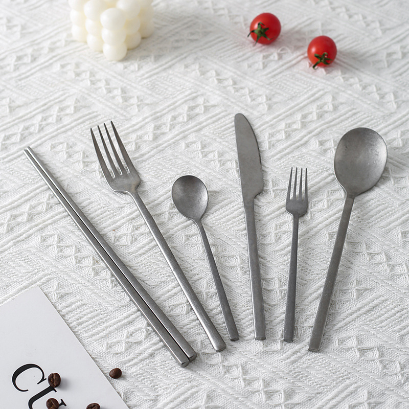 Snowflake Gray Ins Steak Knife, Fork and Spoon 304 Stainless Steel Dessert Fork Coffee Spoon Long Handle Spoon Chopsticks Western Style Simple