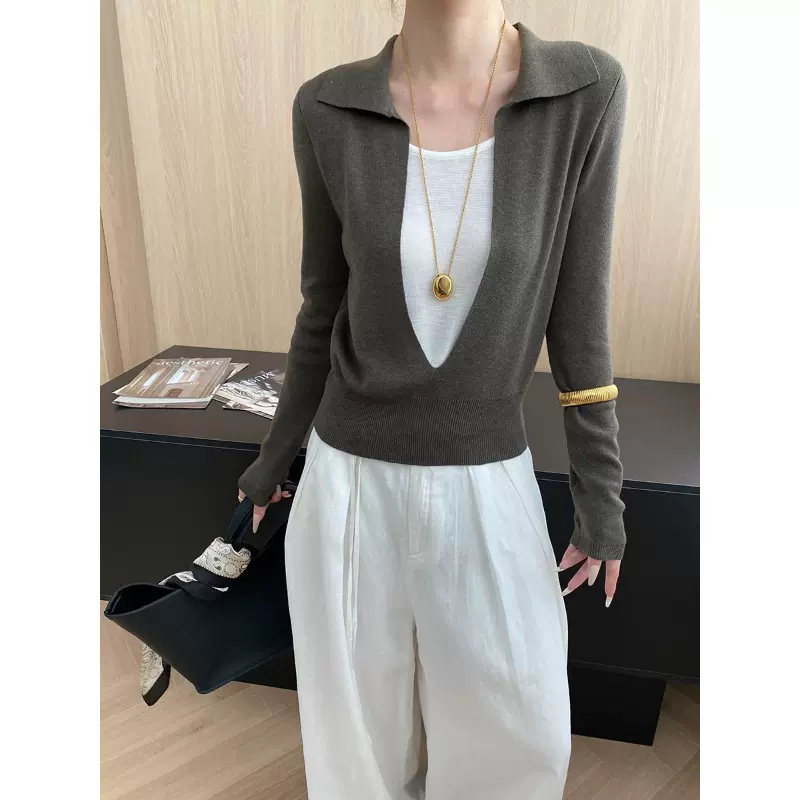 司南 简约通勤感 撞色假两件设计感POLO翻领显瘦针织衫 SN7985