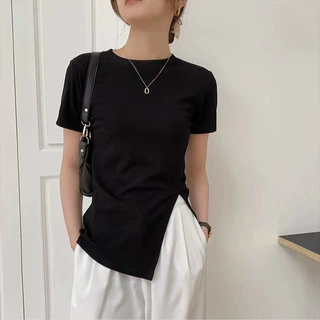 短袖T恤女夏新款韩版修身下摆开叉打底衫少女时尚设计感百搭上衣