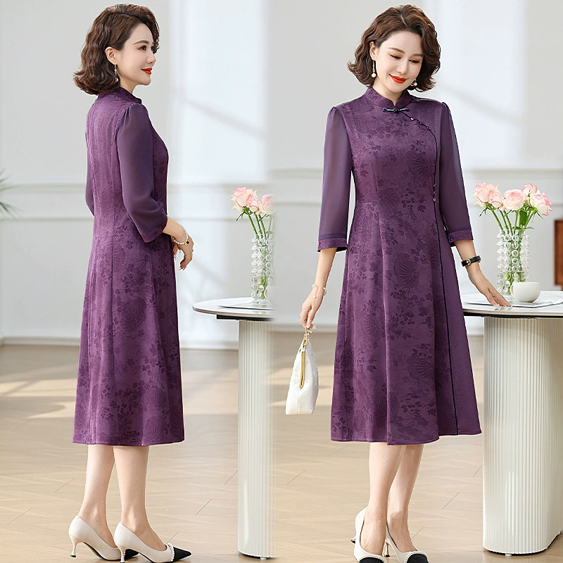 Летняя тонкая юбка с рукавом три четверти, модное платье для мам среднего и пожилого возраста, женская одежда с воротником-чонсам в стиле ретро.