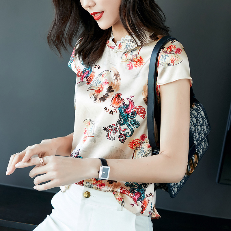 72872 Summer New Retro Satin Silk Top with Stand Collar, Lace, Beading, and Printed Mulberry Silk Shirt 72872 Summer New Retro Satin Silk Top with Stand Collar, Lace, Beading, and Printed Mulberry Silk Shirt