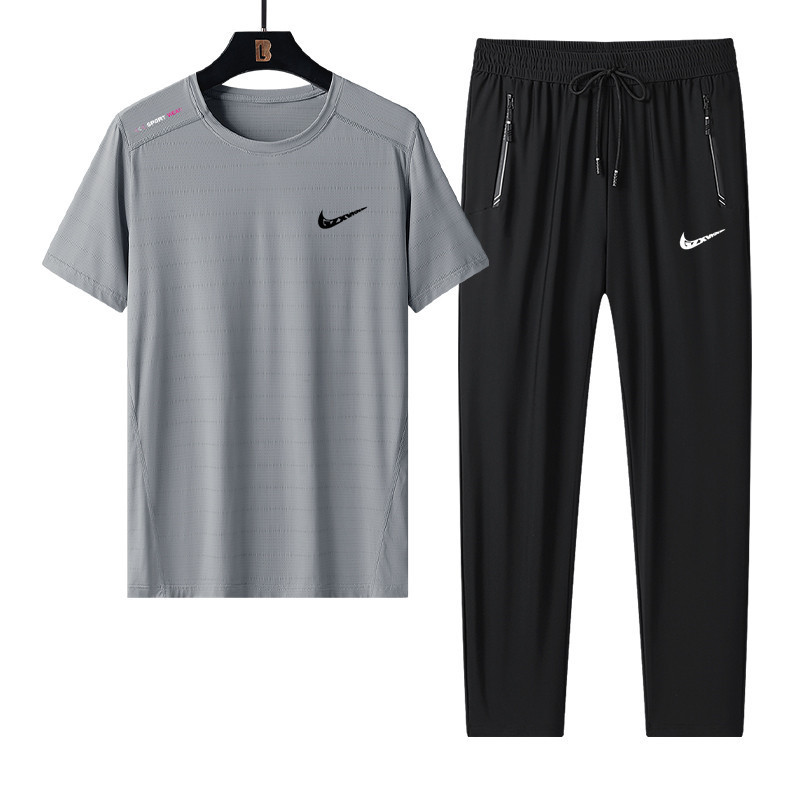 Men's Outdoor Running Sports Casual Suit Summer Ice Silk Cool Quick-Drying Short-Sleeved T-Shirt and Long Pants Two-Piece Set
