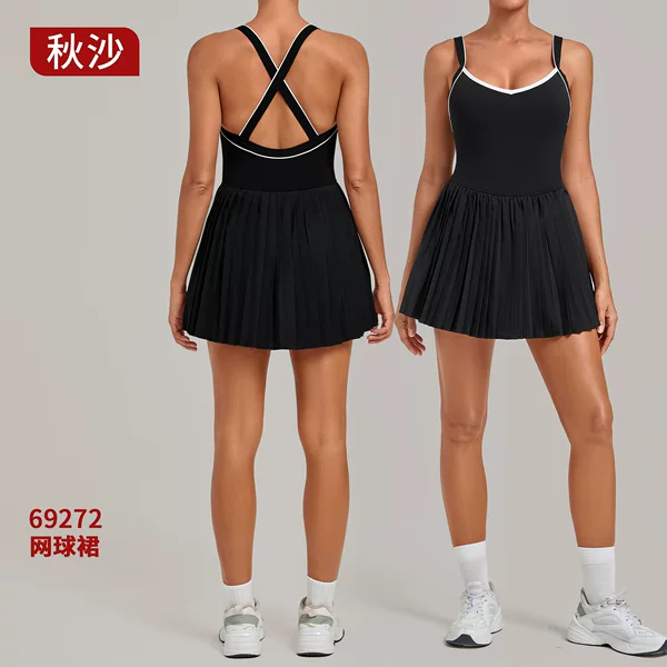 Autumn Contrast Color Backless Tennis Skirt with Anti-Exposure Lining, Fitness Pocket Pleated Skirt, Sports Dress 69272
