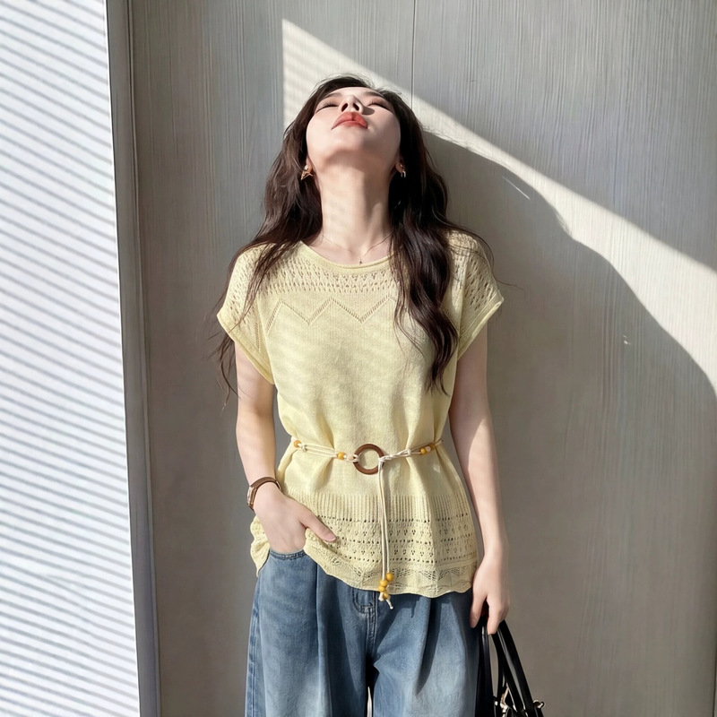 French Gentle Style Cut Out Lace-Up Knitted Blouse for Women 2026 Summer New Round Neck Short-Sleeved T-Shirt Top 11853 French Gentle Style Cut Out Lace-Up Knitted Blouse for Women 2026 Summer New Round Neck Short-Sleeved T-Shirt Top 11853