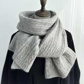 日系灰色针织麻花围巾冬季米白保暖纯色男女通用情侣款软乎乎围脖