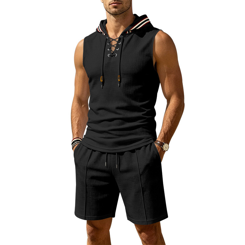 Men's Summer Hooded Vest And Shorts Set, Casual Loose Fit Breathable Athletic Two-Piece Outfit With Color Block Design_viptrois.com