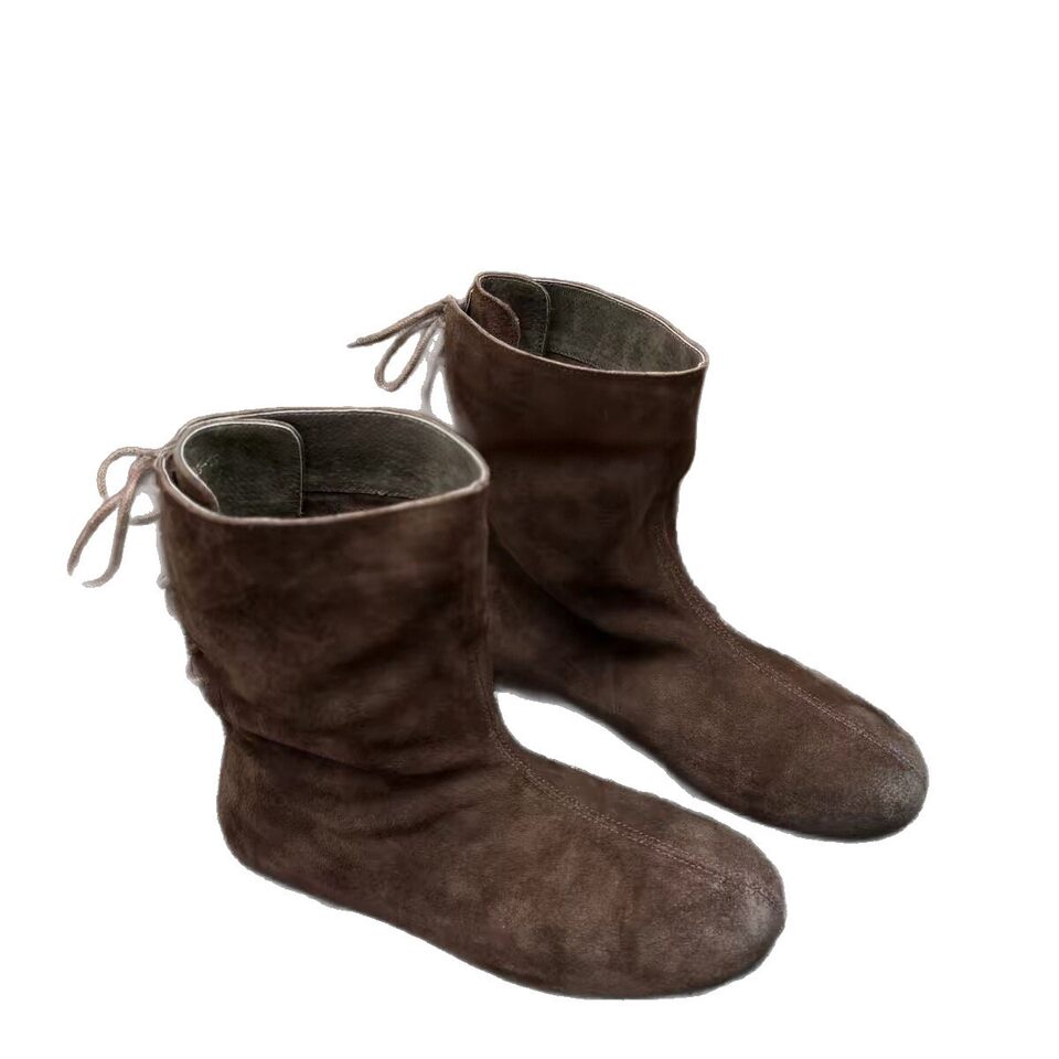 Bốt nữ cổ thấp mũi tròn da lộn quai hậu đế bằng — Màu cà phê, Màu kaki