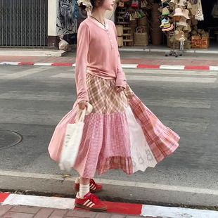 “流浪诗人”复古浪漫感长裙拼接蕾丝格纹半身裙-阿里巴巴