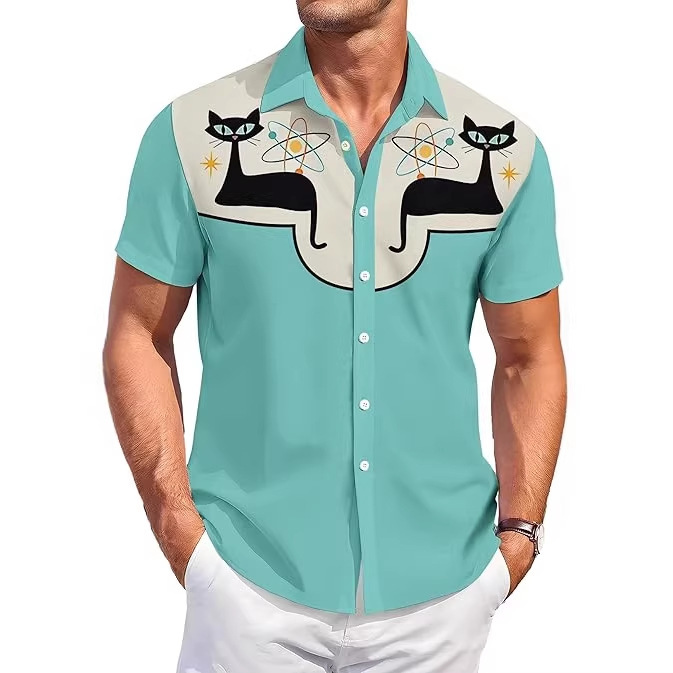 European and American Amazon Hot-Selling Summer Men's Cat Print Shirt Casual Fashion Denim Style Cross-Border Turn-Down Collar Shirt European and American Amazon Hot-Selling Summer Men's Cat Print Shirt Casual Fashion Denim Style Cross-Border Turn-Down Collar Shirt