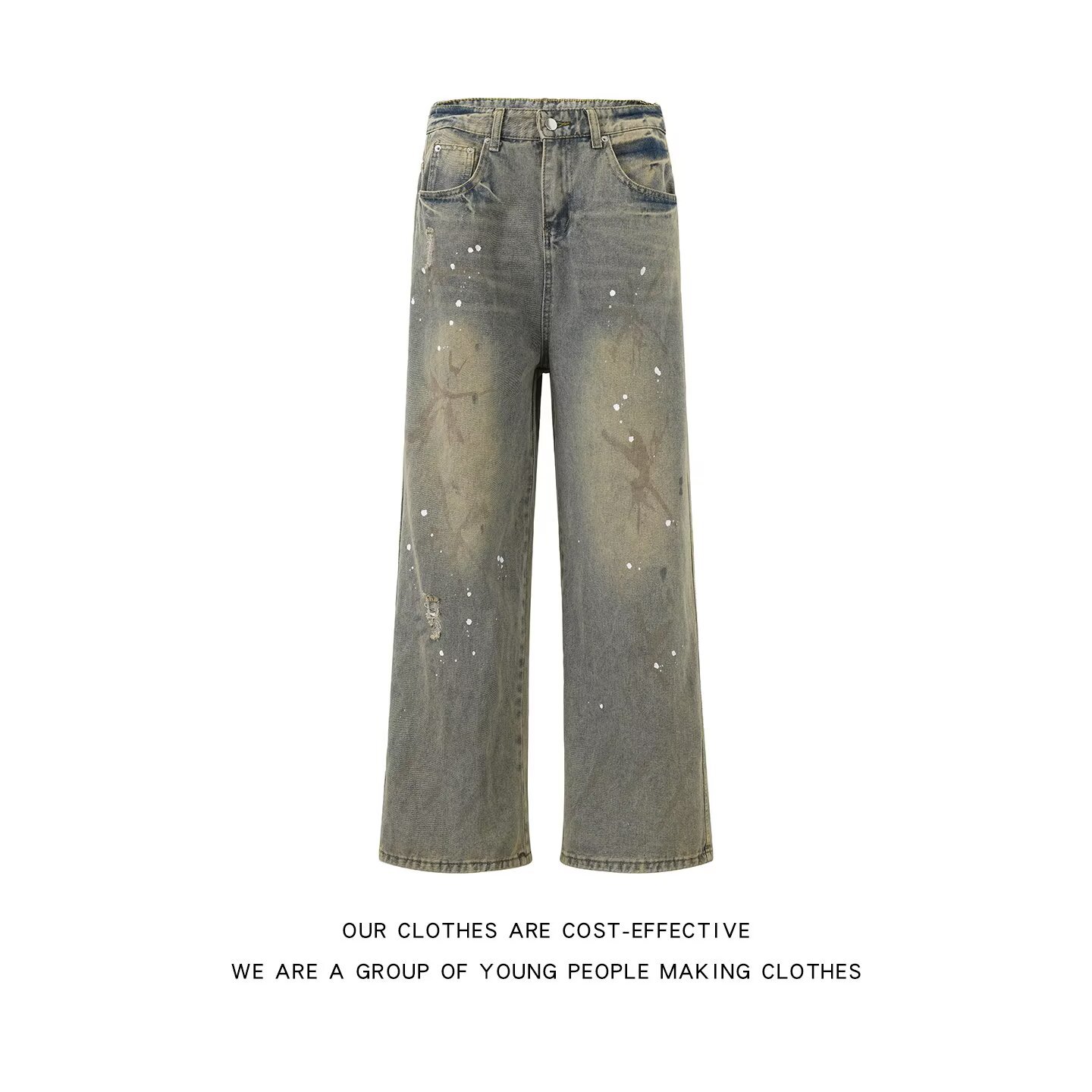 Men's And Women's Distressed Splatter Paint Curved Blade Jeans Loose Wide Leg Trousers Chinese Style Vibe For Spring Autumn_mkmklike.com