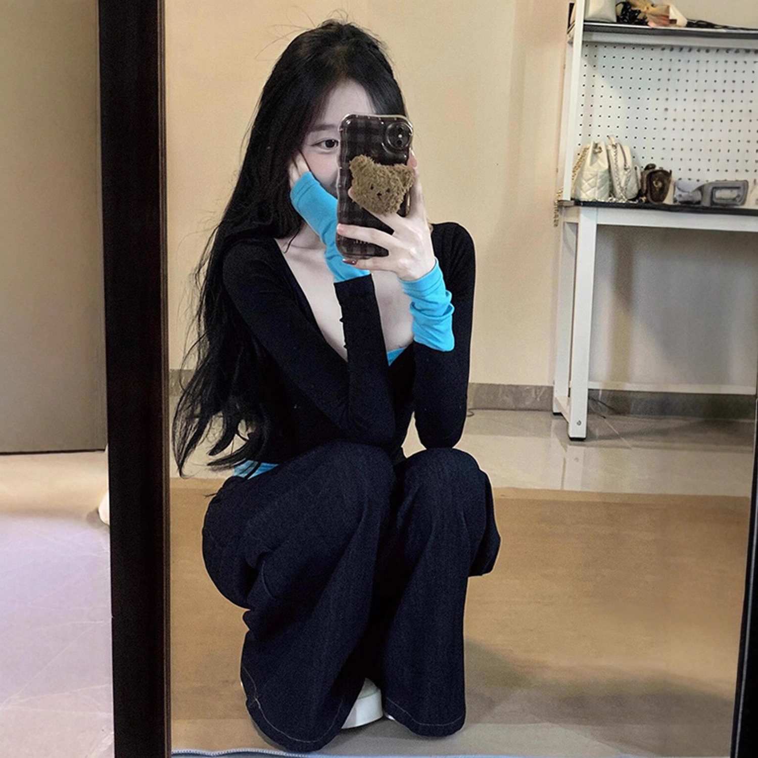 美式辣妹别致假两件长袖t恤女早秋季撞色打底衫内搭韩系修身上衣