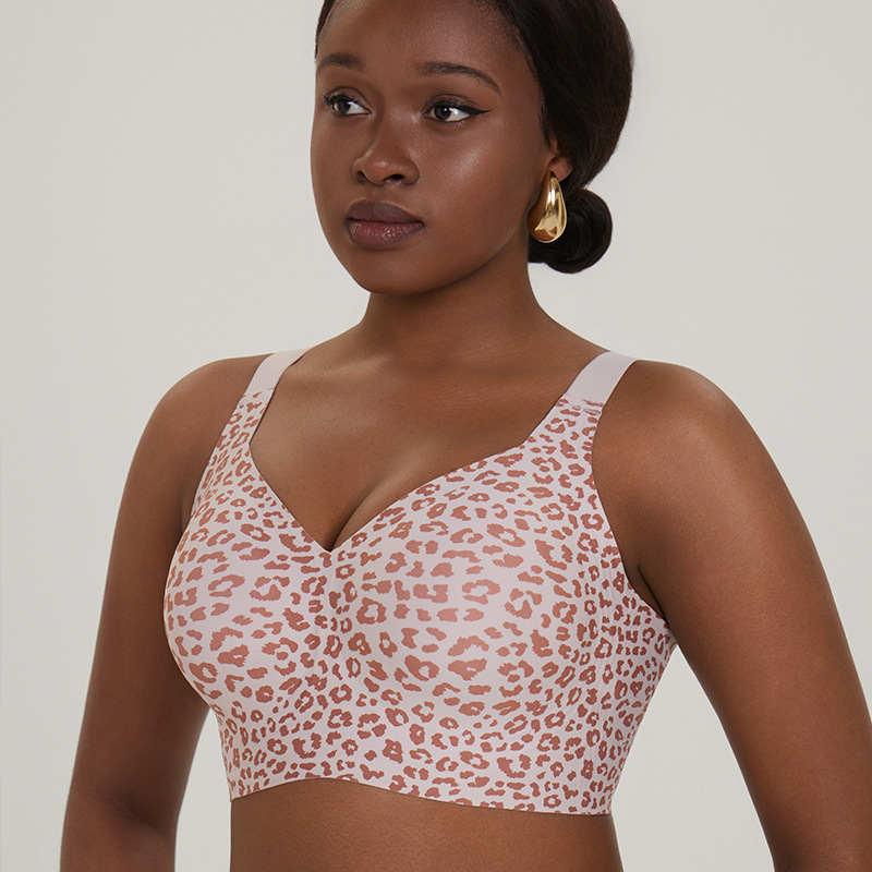 Leopard Print Cross-Border Bra, Large Size Jelly Gel Underwear for Women, Thin Style, Seamless, Wireless, Export Bra, Amazon Hot Seller