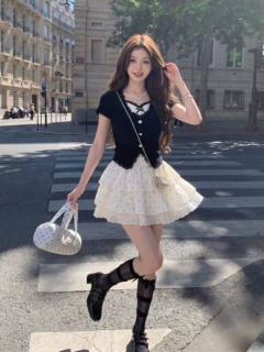 甜美时尚假两件上衣收腰短裙两件套夏季日系软妹t恤蓬蓬裙套装女