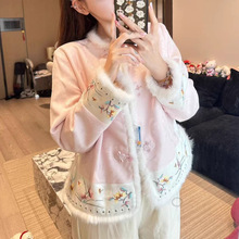 新中式古韵真丝夹棉拼水貂双面穿外套秋冬季保暖国风棉服棉袄41