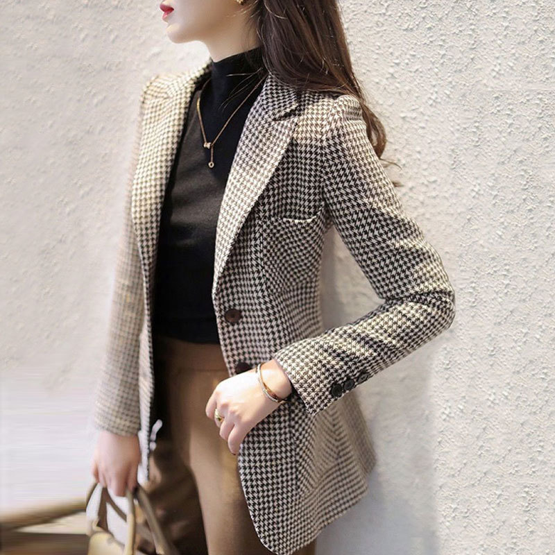 Spring and Autumn Houndstooth Woolen Small Blazer Women's Mid-Length 2024 Japanese Style Style Slim Fit Suit Top Spring and Autumn Houndstooth Woolen Small Blazer Women's Mid-Length 2024 Japanese Style Style Slim Fit Suit Top