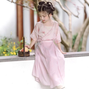 Sweet Children's Clothing: Xia Meiren 2023 New Two-Color Cross-Collar Chinese Element Printed Three-Piece Set for Girls Summer Han Dynasty