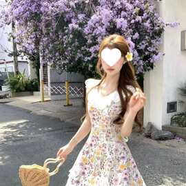 夏季新品小个子甜美亲新花边拼接小碎花显瘦连衣裙薄纱修身型短裙