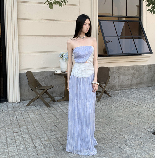 High-Waisted Slimming Hollow-Out Pleated Long Tube Top Dress for Women High-Waisted Slimming Hollow-Out Pleated Long Tube Top Dress for Women