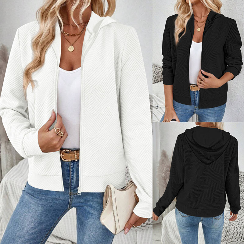 Amazon European and American Cross-Border Autumn and Winter Jacquard Hooded Sweatshirt Fashionable Casual Long-Sleeved Cardigan Zipper Jacket Top for Women