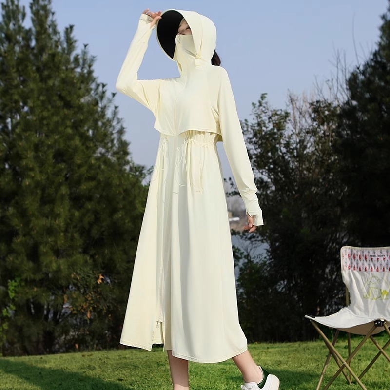 長い日焼け止め服の女性2025夏の新型紫外線防止氷の薄いタイプの通気性は腰の日焼け止め服のコートを収めます。|undefined