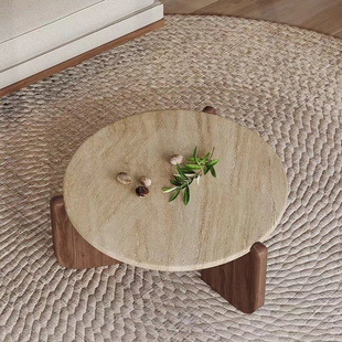 Wabi-Sabi Style Solid Wood Travertine Coffee Table Minimalist Small Tea Table Small Apartment Living Room Home Round Balcony Marble Low Table