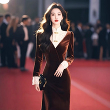 250033今年流行宴会礼服气质高端长裙优雅风假两件丝绒连衣裙女春