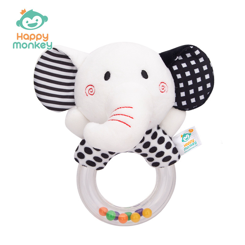 Sonajero de mano redondo blanco y negro para recién nacidos Happymonkey, juguete para bebés con cuentas coloridas, sonajero para bebés de 0 años, juguete para agarrar.