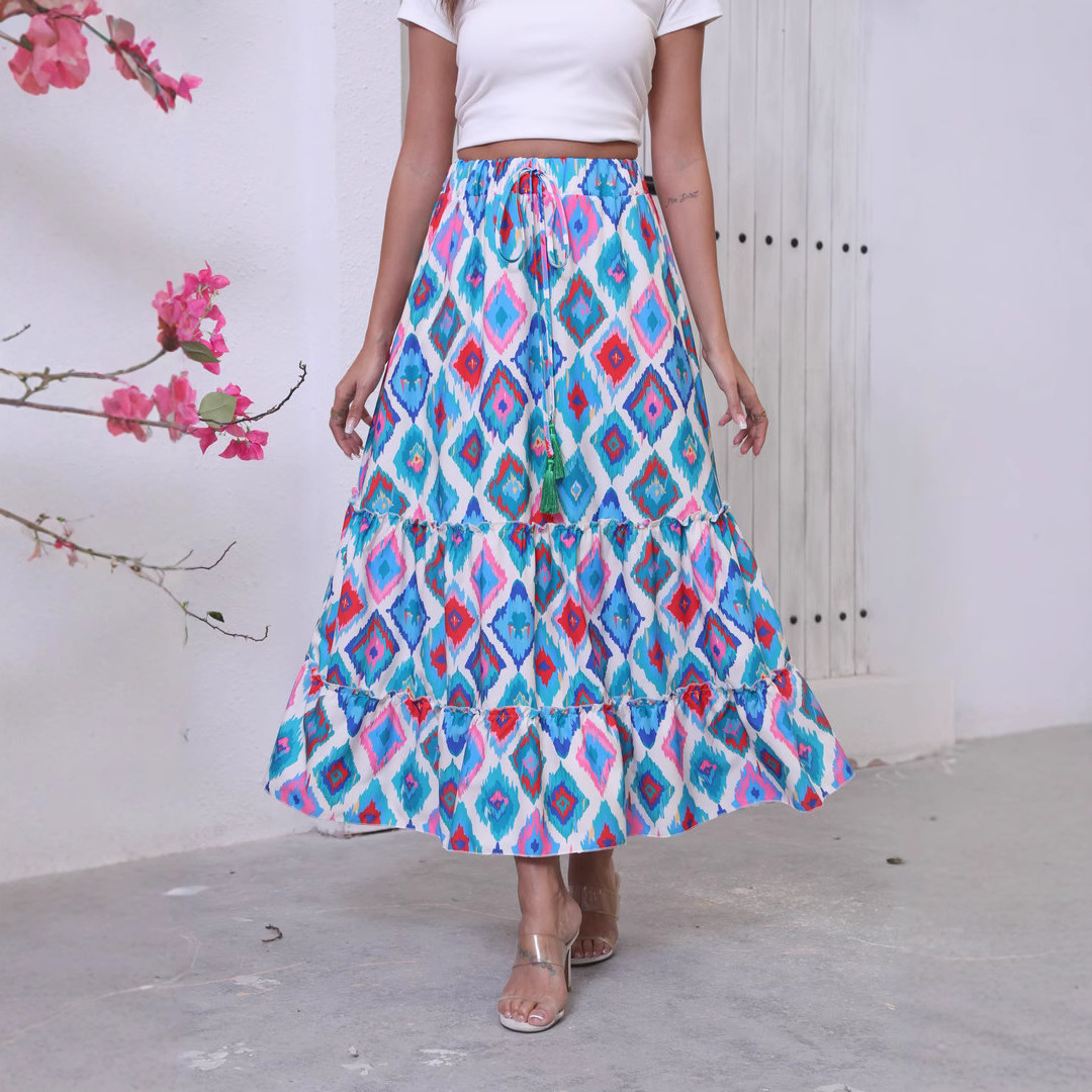 Real Shot Of Cross-border Foreign Trade 2025 Summer New Bohemian Resort Style Printed Flared Skirt For Women_ecoleips.com