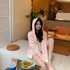 港风chic条纹连帽拉链开衫卫衣女春秋宽松oversize学院风百搭外套