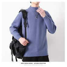 半高领针织衫一体绒加厚纯色毛衣男士简约加绒毛衫跨境潮流毛线衣