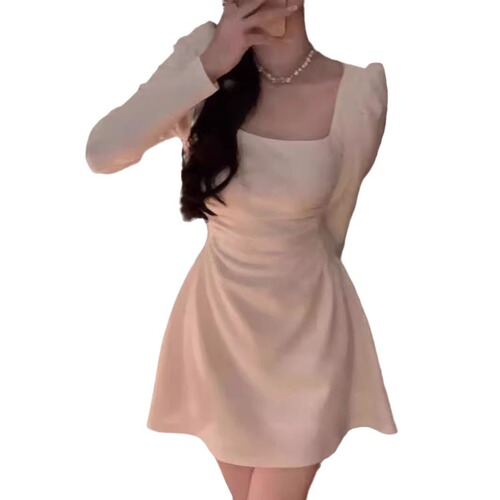 Chic French-Style High-Neck Dress for Women, Autumn, Unique, Waist Cinching, Slimming, Long-Sleeve Dress