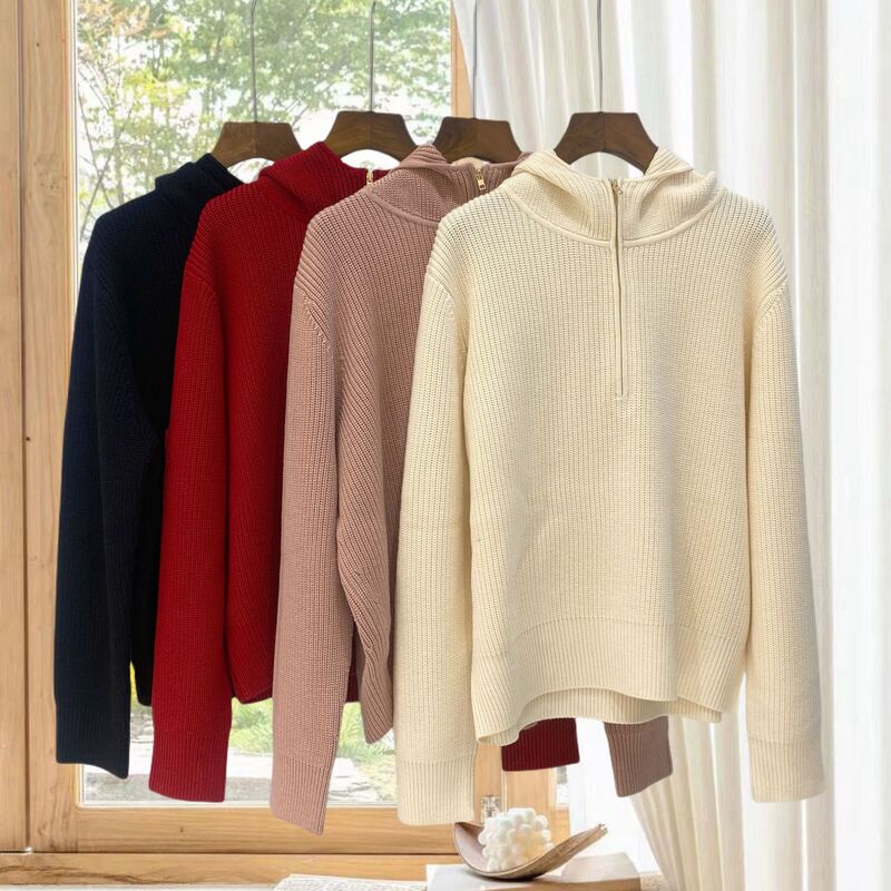Autumn and Winter Pure Color Half-Zip Hooded Pullover Merino Wool Thick Needle Loose Soft Waxy Lazy Knitwear Knitwear