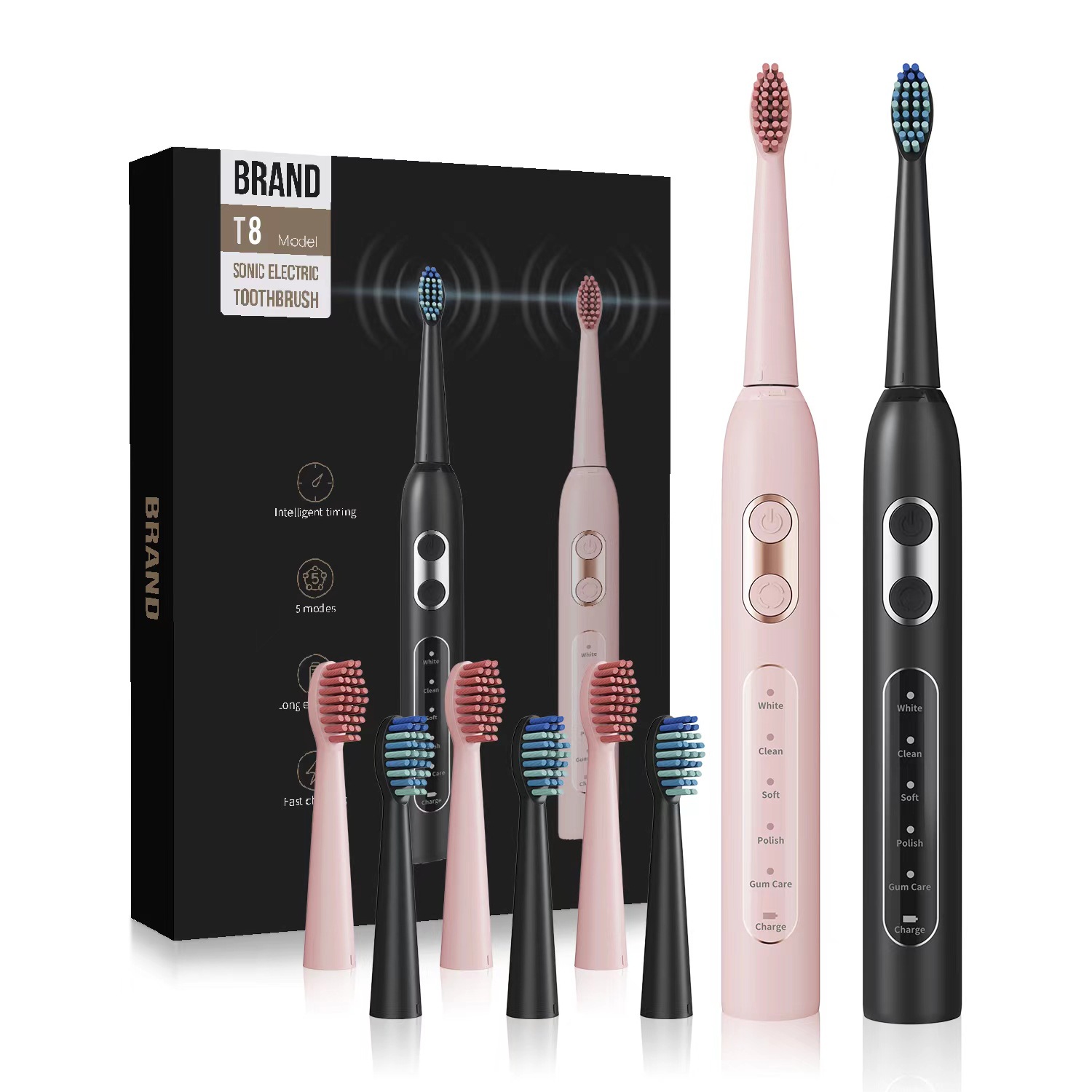 T8 Sonic Electric Toothbrush 8 Brush Heads Adult Couple Rechargeable Electric Toothbrush Cross-Border Foreign Trade Wholesale