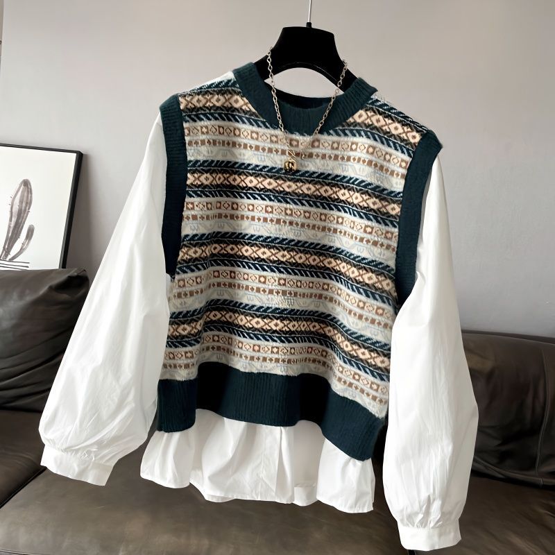 Fake Two-Piece Spliced Vest Shirt Sleeves for Women 2025 Autumn and Winter New Loose Retro Versatile Slimming Look Knitwear Top Fake Two-Piece Spliced Vest Shirt Sleeves for Women 2025 Autumn and Winter New Loose Retro Versatile Slimming Look Knitwear Top