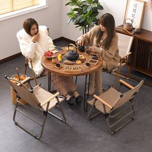 Charcoal Stove Tea Table Outdoor Barbecue Table and Chair Set Combination Foldable Hot Pot Small Round Table Household Old Elm Wood
