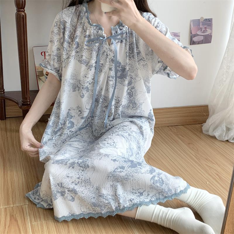 Verano 2023 Pijamas Mujer de manga corta burbuja arruga estudiante lindo ropa exterior suelta ropa de hogar camisón Mujer Princesa estilo