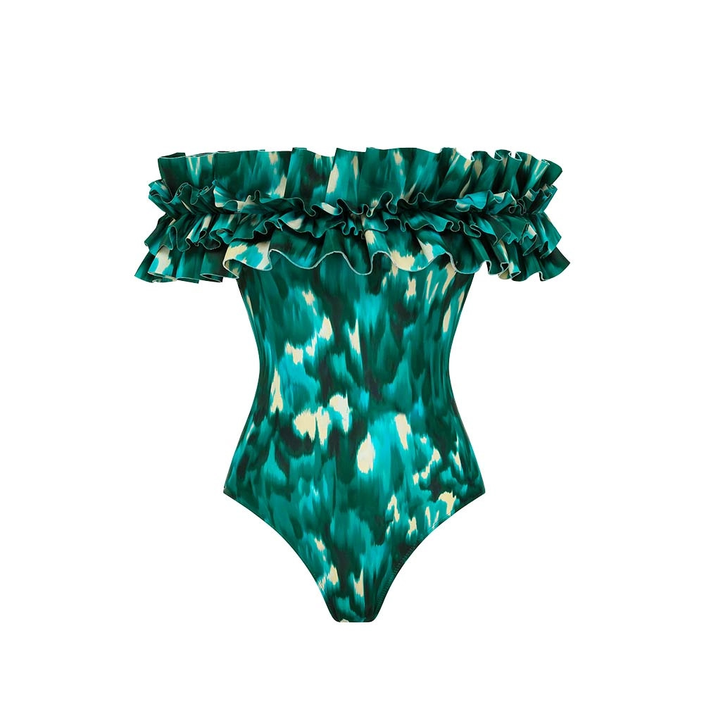 Women's Green Ink Painting Print Strapless Ruffle One Piece Swimsuit American Style Sexy Vacation Suit For All Seasons_ecoleips.com