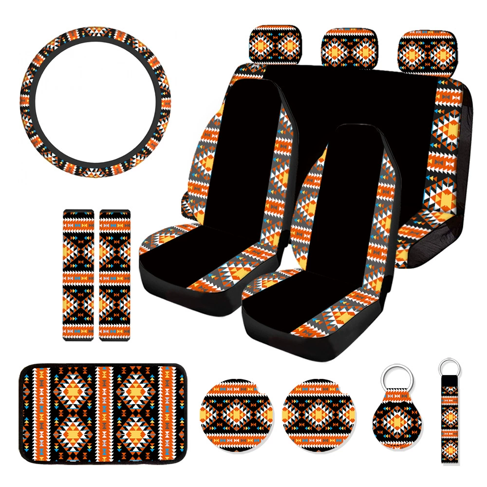 Эксклюзивная трансграничная поставка для Amazon и Temu: комплект чехлов для автомобильных сидений из 15 предметов с принтом в стиле ретро (оранжевый), с креплением на кронштейн.