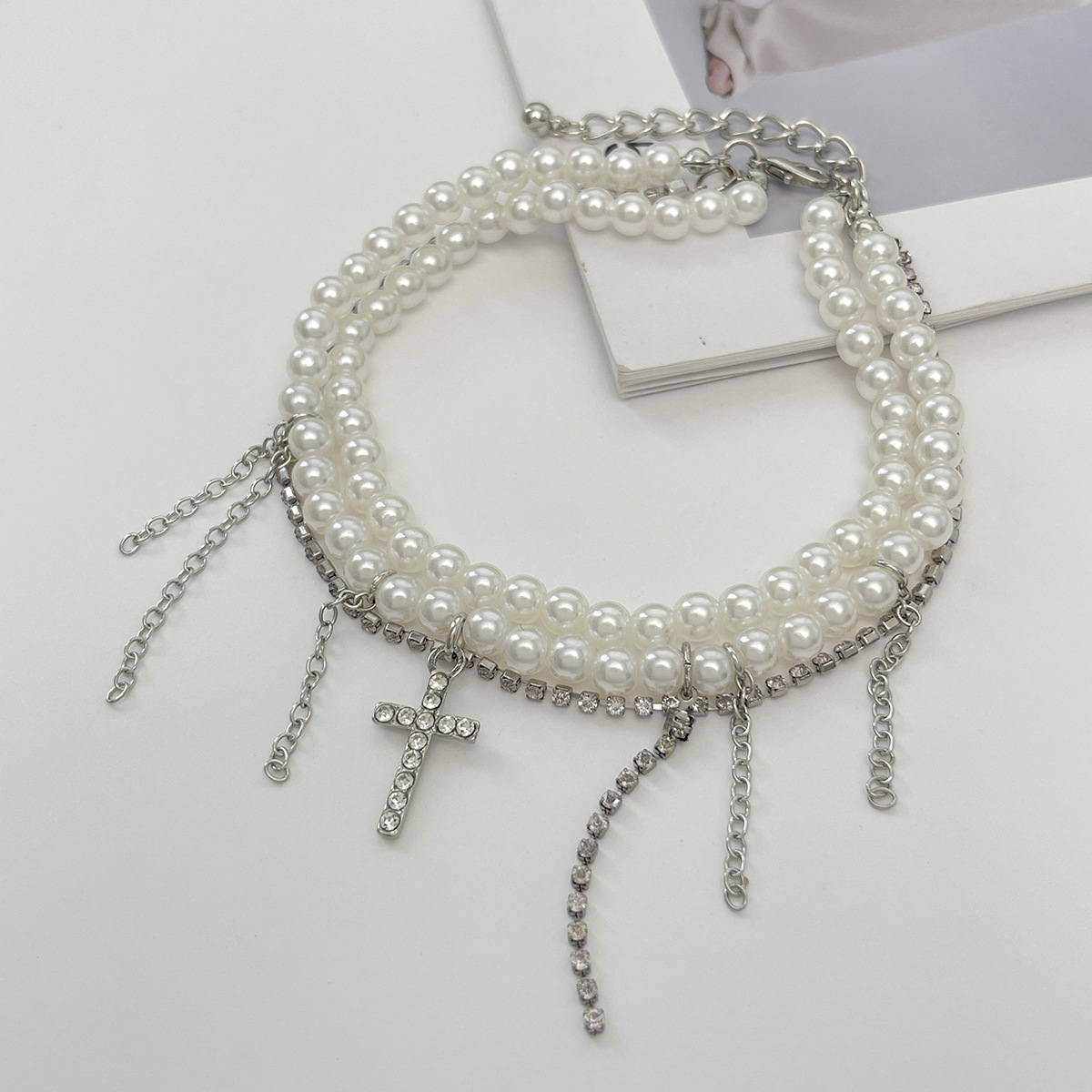 Cross Pattern Wholesale Jewelry Elegant Vacation Cross Imitation Pearl Alloy Anklet