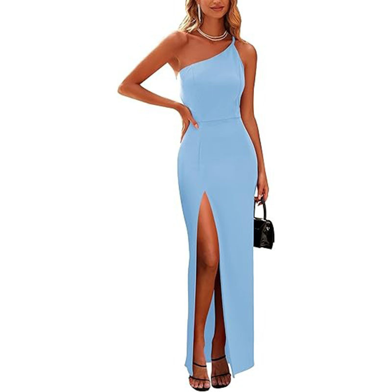 Amazon Women's Winter Formal Wedding Guest Dress One Shoulder Spaghetti Straps High Slit Extra Long Tight Dress