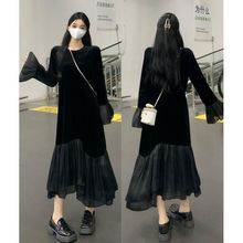 高级感气质拼接丝绒连衣裙女2025秋季新款大码胖MM洋气减龄小黑裙