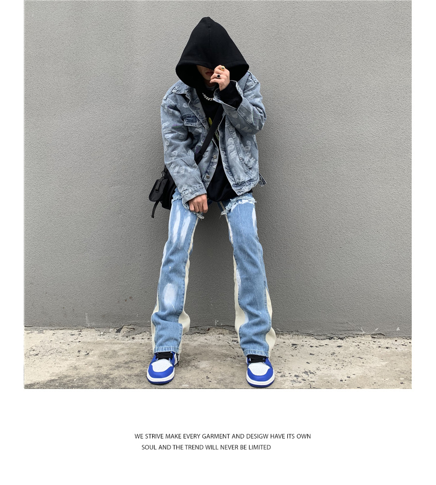Description Picture 5 of itemFashion Patchwork Washed Blue Baggy Flare Jeans Pants Men Clothing Straight Loose Vintage Old Denim Trousers Pantalones Hombre