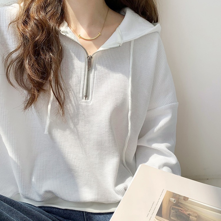 实拍连帽卫衣女装秋季薄款2021年新款白色宽松韩版华夫格长袖上衣|ms