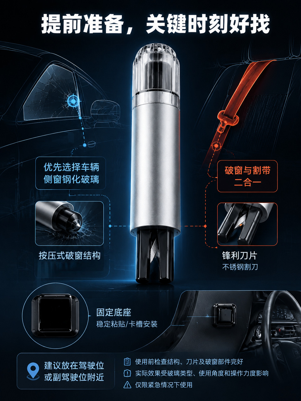 Customizable logo car safety hammer cross-border window breaker multifunctional two-in-one 0.05kg for window breaking and seatbelt cutting